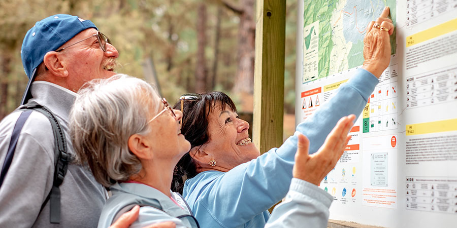 A group of tourists read a map together on a mountain hiking trail.